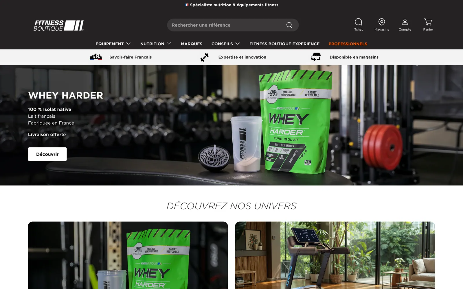 FitnessBoutique.fr, a fitness retailer’s storefront and product navigation