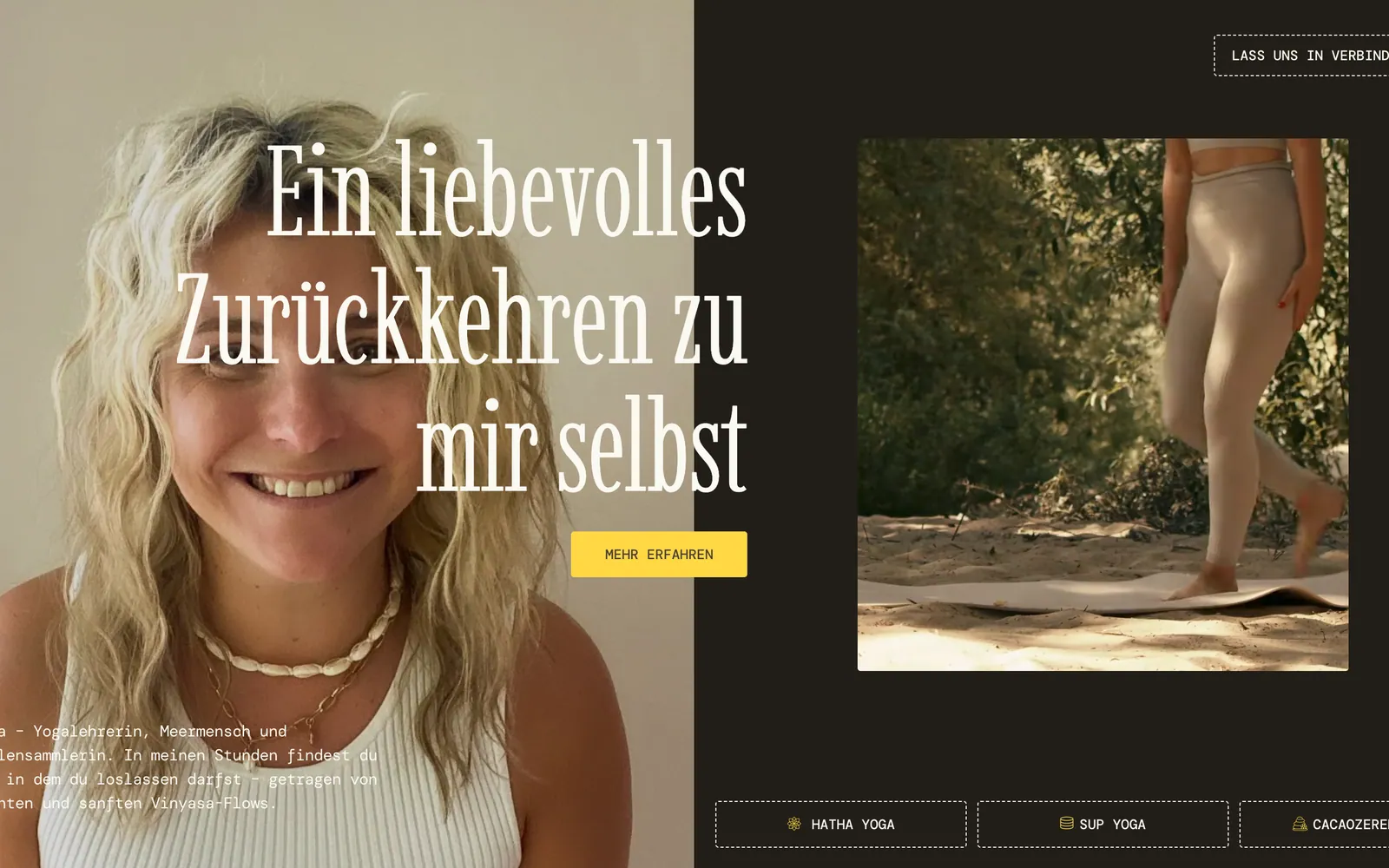 Nordic Flow Yoga homepage, showing the teacher and the studio’s class offerings