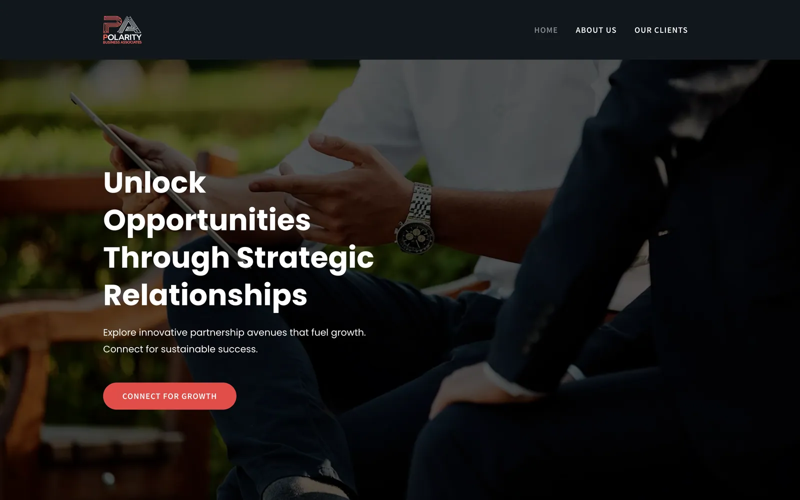 Polarity Business Associates homepage, showing the consultancy’s services and positioning
